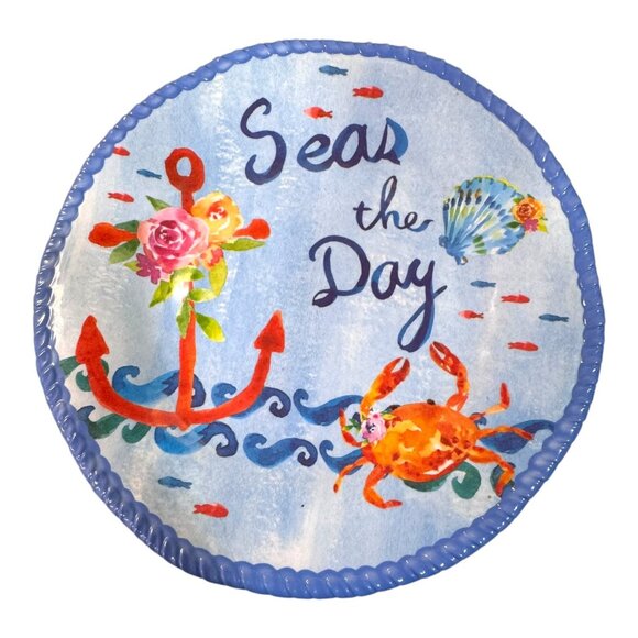 Seas The Day Nautical Melamine Plate 10" Round Blue Red Crab Anchor Beach House - Picture 3 of 7